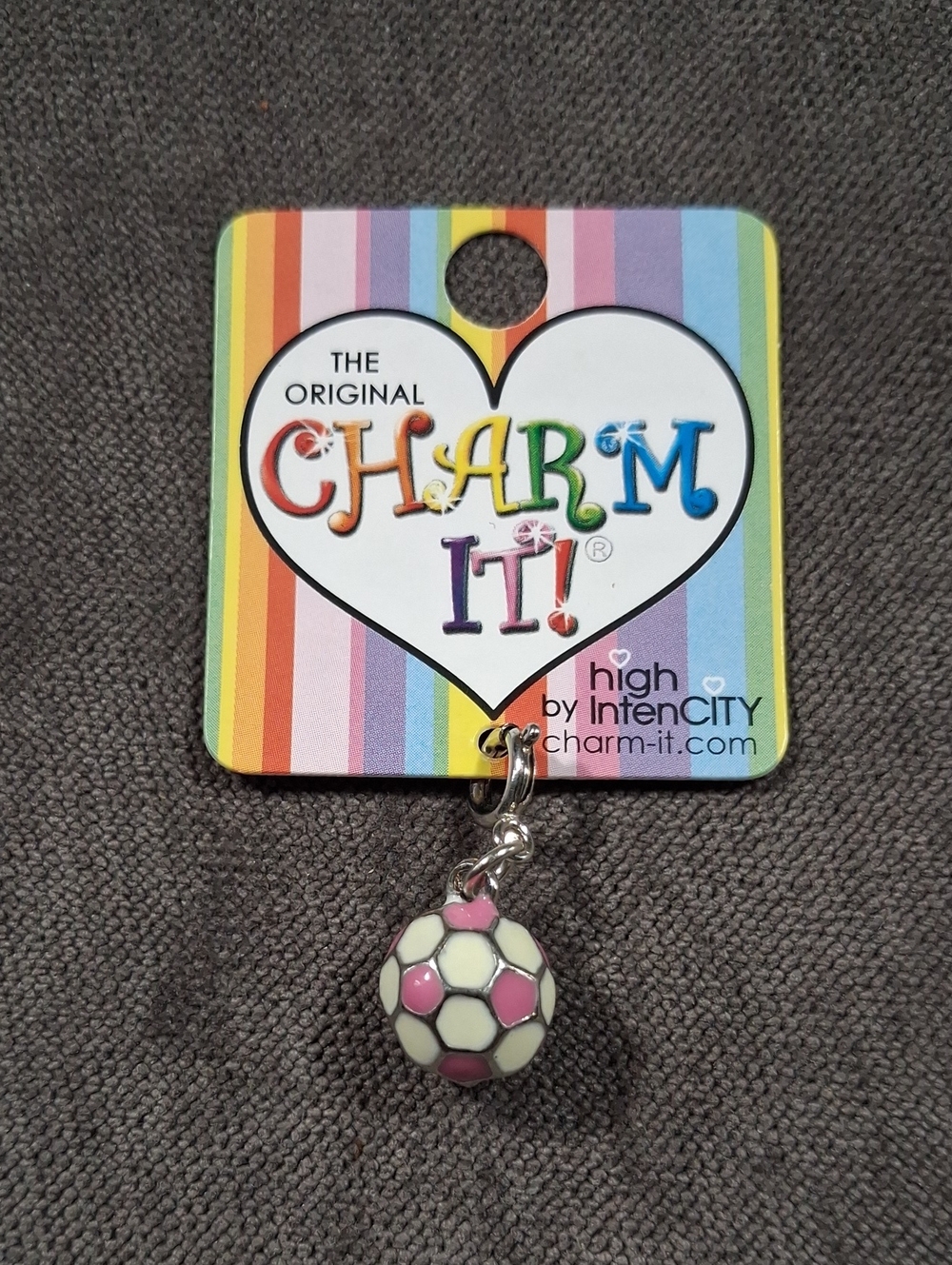 High IntenCity Charm-It! Pink & White Enamel on Base Metal Soccer Ball Charm NEW